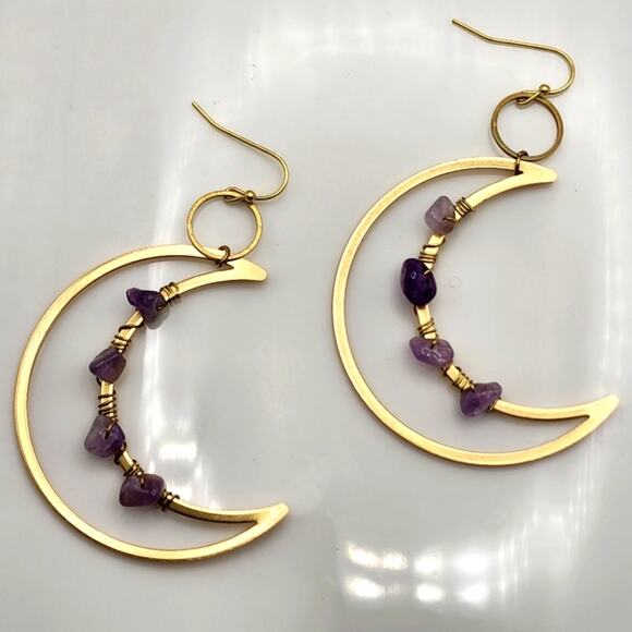 Genuine Amethyst Crescent Moon Earrings - Picture 3 of 8